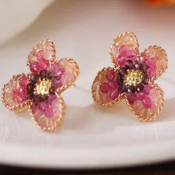 KRENOZ Gold-Plated Artificial Beaded Floral Shaped Studs-6