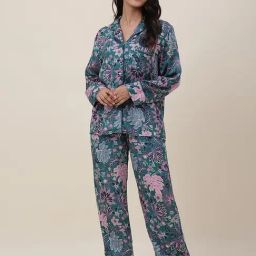 Fabindia Green Floral Print Shirt Pyjama Set-image-22