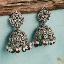 Aatmana Silver-Plated Pearl-Studded Dome Shaped Jhumki Earrings-9