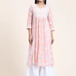 House Of Kari Noor Mul Printed Hand Embroidery Chikankari Kurta- Peach-image-94