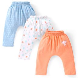 Babyhug Cotton Full Length Stars Printed Diaper Pants Pack of 3  - Blue Orange & White-image-57