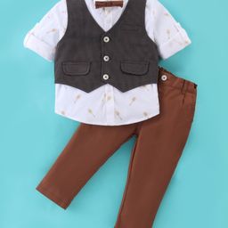 ToffyHouse Cotton Velvet Full Sleeves Party Suit with Bow Tie Racket Print - Brown White & Black-picture-2