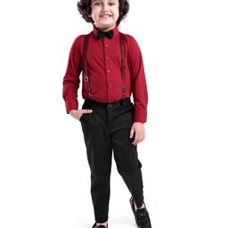 Babyhug Full Sleeves Party Wear Shirt & Bottom With Bow & Suspender- Red & Black-image-88