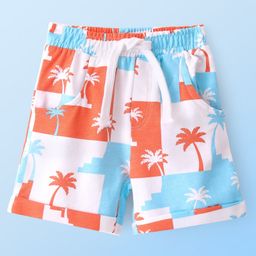 Babyhug Cotton Looper Knit Shorts Palm Tree Print - White-image-3