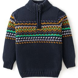 Bonfino 100% Cotton Knitted Full Sleeves High Neck Pullover Sweater with Aztec Design - Navy Blue-image-3