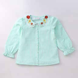 Babyhug Rayon Knit Full Sleeves Floral Embroidered Checkered Top With Peter Pan Collar - Light Blue-image-85