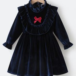 Kookie Kids Full Sleeves Solid Colour Party Frock with Bow Applique & Frill Detailing - Navy Blue-image-32