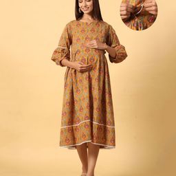 Ikk Kudi by Seerat Cotton Three Fourth Sleeves Ajrakh Printed Maternity Dress With Concealed Zipper Nursing Access - Mustard-image-85