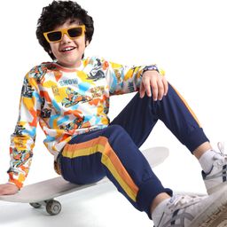 Ollington St. 100% Cotton Knit Full Sleeves Sweatshirt & Joggers Set With Snow Mobile Print - Orange & Blue-picture-24