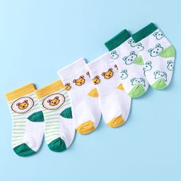 Doodle Poodle Cotton Knit Ankle Length Socks With Stripe & Bear Design Pack of 3 - White Green & Yellow-image-29
