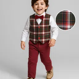 Babyhug Woven Full Sleeves Checks 3 Piece Party Suit With Bow - Rust-picture-19