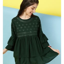 ISHTI Rayon Three Fourth Bell Sleeves Floral Embroidered & Sequins Embellished Top - Dark Green-image-36