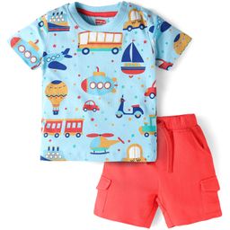 Babyhug Single Jersey Knit Half Sleeves T-Shirt & Shorts Set With Vehicle Print - Light Blue & Red-picture-10