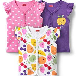 Babyhug 100% Cotton Interlock Knit Front Open Frill Sleeves Vests With Polka Dots & Tropical Theme Print Pack Of 3 - Pink White & Purple-image-62