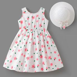 Mark & Mia Cotton Sleeveless Floral Printed Frock with Hat & Bow Applique - White-image-21
