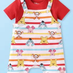 Babyhug Disney Single Jersey Knit Dungaree & Half Sleeves T-Shirt with Winnie & Friends Graphic - Red-picture-2
