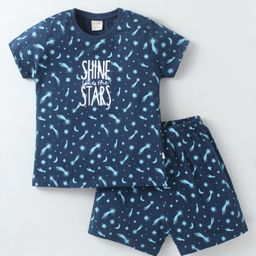 CUCUMBER Sinker Knit Half Sleeves Shorts Night Suit with Star & Text Print - Navy Blue-picture-21