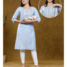 True Shape Three Fourth Sleeves Abstract Printed Maternity Kurta With Nursing Access - Blue-53