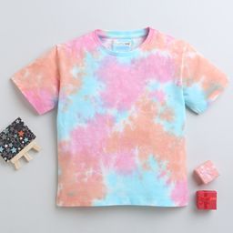 BUMZEE Cotton Woven Half Sleeves Tie & Dye Oversized T-Shirt - Pink & Light Blue-image-61