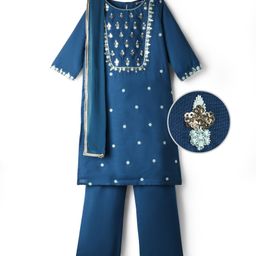 Pine Kids Woven Three Fourth Sleeves Kurti Chudidar Set with Dupatta & Floral Embroidery & Sequin Detailing - Navy Blue-image-37