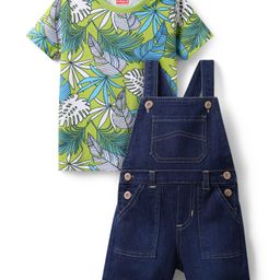 Babyhug Single Jersey Knit Knee Length Dungarees & Half Sleeves Tee Set with Tropical Theme Print - Green & Navy Blue-image-73