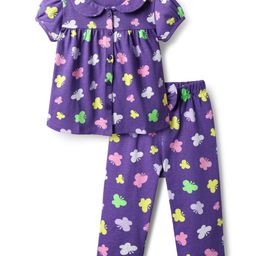 Babyhug Cotton Knit Front Open Half Sleeves Co-ords Night Suit With Butterfly Print - Purple-image-36