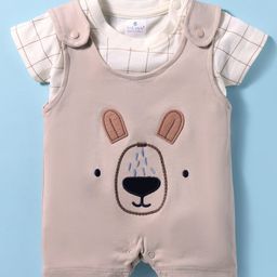 First Smile Sinker Knit Half Sleeves Dungaree Style Romper with Bear Patch - Tan-image-73