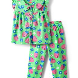 Babyhug Cotton Knit Frill Sleeves Front Open Co-Ord Night Suit with Tropical Print - Green-image-72