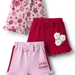 Babyoye 100% Cotton Knit Shorts With Eco Jiva Finish & Floral Print Pack Of 3 - Red & Pink-picture-43