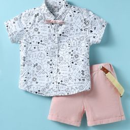 ToffyHouse Poplin Woven Half Sleeves Printed Shirt & Shorts With Bow & Suspender - White & Light Pink-picture-16