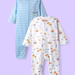 Babyhug 100% Cotton Knit Full Sleeves Rompers With Stripes & Nautical Print Pack of 2 - White & Light Blue-image-16