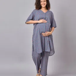 Mine4Nine Rayon Woven Three Fourth Sleeves Floral Printed & Striped Coordinating Maternity Kurta & Pant Set - Blue-picture-27