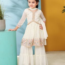 Aarika Georgette Woven Three Fourth Sleeves EthnIc Embroidered Sequins Embellished Kurta Sharara With Dupatta Set - Cream-image-34