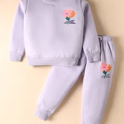 Smarty Girls Fleece Knit Full Sleeves Winter Wear Sweatshirt & Lounge Pant Set with Floral Print - Mauve-picture-5