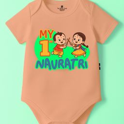 The Peppy Tend 100% Cotton Knit Navratri Theme Half Sleeves My 1st Navratri Text Printed Onesie - Peach-picture-31