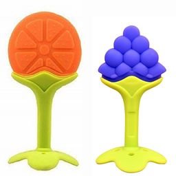 The Cheeky Kidzz Baby 2 Soft Fruit Shape Silicone Teethers With 2 Fruit Soothers Nibblers And 2 U-Shape Toothbrushes BPA Free (Blue & Pink) image 2