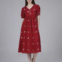 Saffron Threads Women V-Neck Embroidered Pure Cotton Empire Midi Dress-image-94