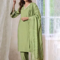 Sangria V-Neck Straight Kurta With Salwar & Dupatta-image-23