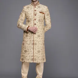 Manyavar Men Beige Floral Embroidered Sherwani and Churidar Set-picture-13