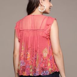 Label Ritu Kumar Floral Print Flutter Sleeves Chiffon Top With Inner image 4