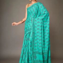 Unnati Silks Turquoise Cotton Printed Saree With Unstitched Blouse-picture-16