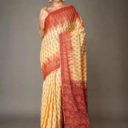 Unnati Silks Yellow & Brown Cotton Printed Saree With Unstitched Blouse-image-59