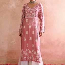 House of Chikankari Pink Embroidered Angrakha Kurta image 1