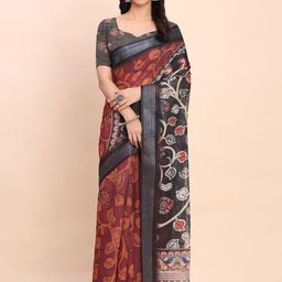 KALINI Zari Linen Blend Designer Block Print Saree-image-40