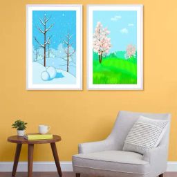 999Store Blue & Green Printed Field Tree Wall Painting-15