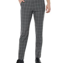 Van Heusen Grey Slim Fit Checks Flat Front Trousers-image-10