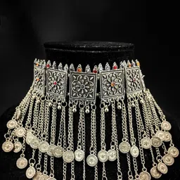 Bareilyy Artificial Stones Studded Fringy Afghani Coin Tasselled Choker Necklace-11
