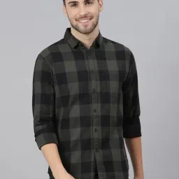 Dennis Lingo Olive & Black Cotton Slim Fit Checks Shirt-image-50