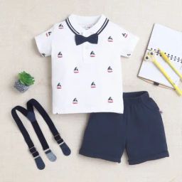 Bumzee Boys White & Navy Half Sleeves T-shirt & Short Set With Bow Suspender-image-75