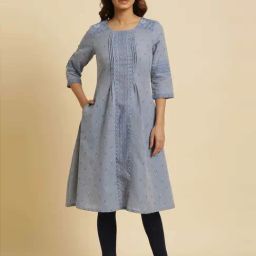 W Blue Cotton Printed A Line Kurta-image-96
